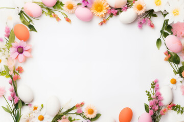 Naklejka na ściany i meble Easter frame backgrouns with copy space for text. Decorated with colorful eggs and spring flowers.3D render-style inspiration. Easter template, mockup