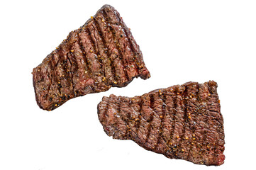 Grilled rump steak with spices. BBQ beef.  Isolated, Transparent background. 