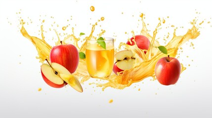 apple fruit with apple juice splash isolated on transparent background - obrazy, fototapety, plakaty