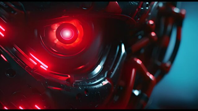 Close-up eye of evil skeleton robot in metal armor. Skull of futuristic cyborg. Technology, robotics, artificial intelligence and future concept.