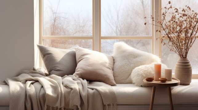 a home interior, featuring a house room adorned with a blanket draped over a window, with carefully curated pillow decor inviting indoor rest and comfort.