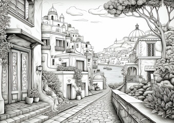 A street in the old Mediterranean town. Sketch illustration for coloring book.
