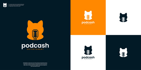 podcast logo and cat doll combination design vector