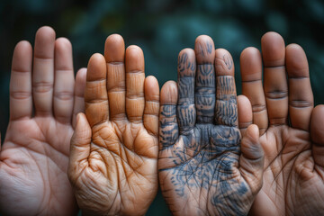 Hands of different ages and nationalities gather together - obrazy, fototapety, plakaty