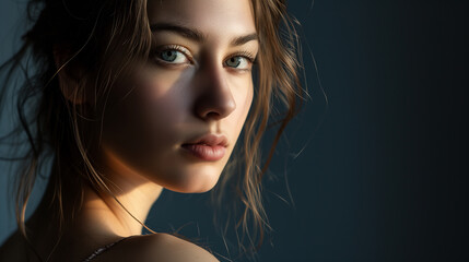 A serene close-up portrait of a young woman with delicate features, half-cast in soft shadow against a dark background.