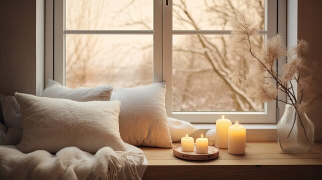 a home interior, featuring a house room adorned with a blanket draped over a window, with carefully curated pillow decor inviting indoor rest and comfort.