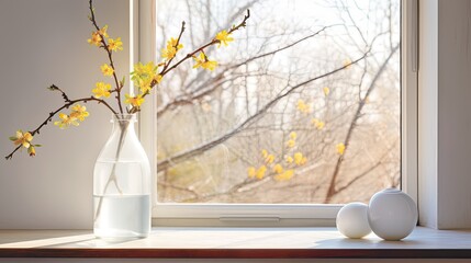 a morning spring still life arrangement featuring blooming broom branches placed in a jar of water, set beside a window overlooking a picturesque spring landscape.