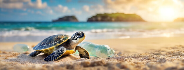 Sea turtle encounters a plastic bottle on a sandy beach at sunrise. The ocean's marine life faces human pollution. World environmental education day. Panorama with copy space. - obrazy, fototapety, plakaty