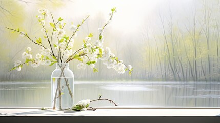 a morning spring still life arrangement featuring blooming broom branches placed in a jar of water, set beside a window overlooking a picturesque spring landscape.