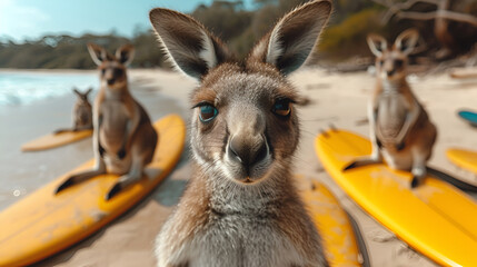 Engaging portrait of a kangaroo with surfboards on the beach, a playful nod to surf culture on a sunny day.