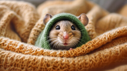 Cute little rat in warm knitted hat, closeup view