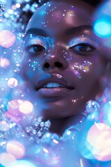 Beauty portrait of young african american woman with bokeh lights