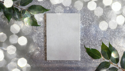 Top view of a blank white sheet of paper on a silver background surrounded by silver leaves