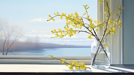 a morning spring still life arrangement featuring blooming broom branches placed in a jar of water, set beside a window overlooking a picturesque spring landscape.