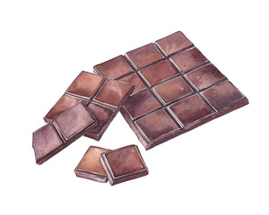 Watercolor chocolate bar and pieces of dark chocolate