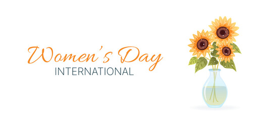 International Women's Day. 8 March. Banner, postcard with isolated bouquet of sunflowers in vase. Flowers on white background. Modern horizontal vector design for poster, campaign, social media post. 