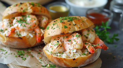 Shallow depth of field (selective focus) image with German fischbrotchen dish. Generative AI.