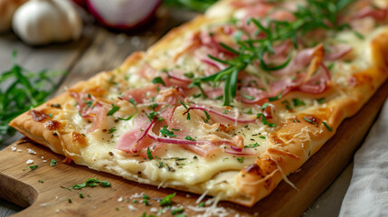 Shallow depth of field (selective focus) image with German flammkuchen dish. Generative AI. - obrazy, fototapety, plakaty
