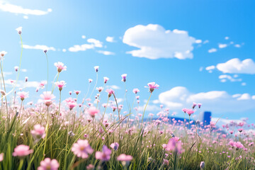 Field of pink flowers and blue sky with white clouds. Nature background