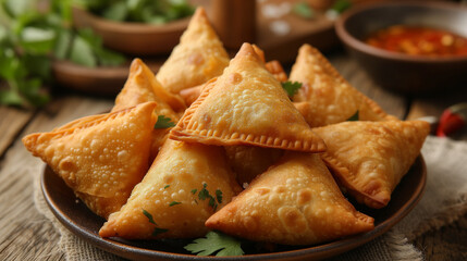Shallow depth of field (selective focus) image with samosas. Generative AI.