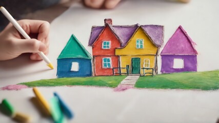 Close-up of child hand painting colorful house and family.Ai generative