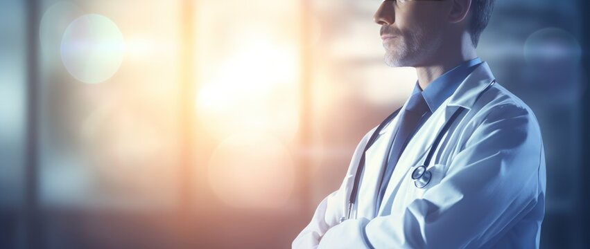 Cropped image of man doctor in white medical uniform while standing inside of medical office building. Generative AI
