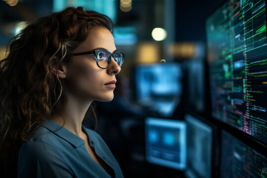 A Thoughtful Female Software Developer Surrounded by Screens of Code in a High-Tech Workspace
