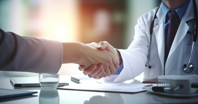 handshake of doctor and businessman with patient in hospital, medical concept. copy space. Generative AI
