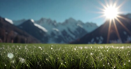 Green lawn against the backdrop of mountains and snowy peaks. Mountain meadow with green lawn on a bright sunny day.