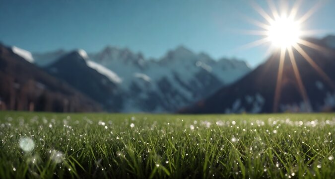 Green lawn against the backdrop of mountains and snowy peaks. Mountain meadow with green lawn on a bright sunny day.