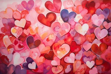 Artistic painting of heart shapes in pink and red on canvas for a Valentine's Day greeting card. Generative AI