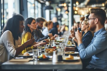Diverse colleagues dinner meeting lunch in office restaurant businessmen group cafeteria cafe discussion business fine dining corporate teamwork expensive tasty dish food coworkers cheering talking