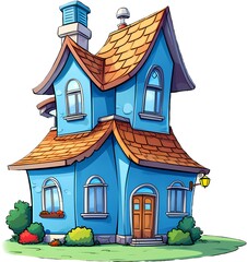 Cartoon picture of a blue house, comics style drawing, isolated picture