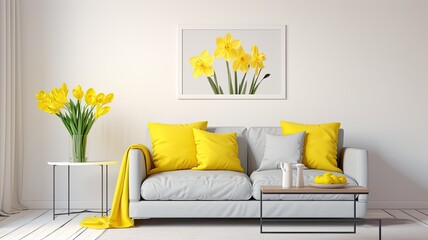 a bouquet of yellow daffodils on a clean, white coffee table in a modern living room. - Powered by Adobe