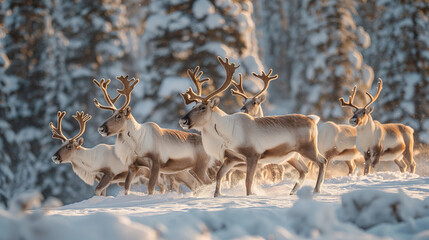 Majestic Migration: A Magnificent Herd of Reindeer Journeying Through a Winter Wonderland