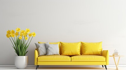 a bouquet of yellow daffodils on a clean, white coffee table in a modern living room.