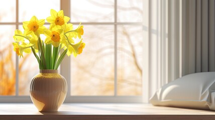 a bouquet of yellow daffodils on a clean, white coffee table in a modern living room.