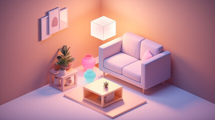A cube cutout of an isometric living room 3D rendered.