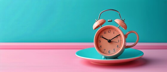 Coffee with morning alarm clock on blue background - obrazy, fototapety, plakaty