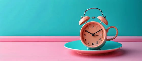 Poster Coffee with morning alarm clock on blue background © DigitalMuseCreations