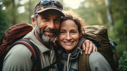 Middle age couple hiking - obrazy, fototapety, plakaty