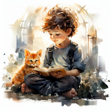 Two red-haired friends - a boy with a book and a cat. Storybook watercolor illustration