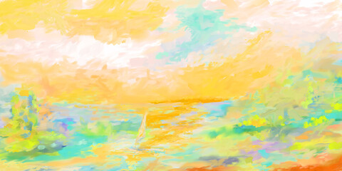 Fototapeta na wymiar Impressionistic sailboat sailing at sunrise sunset - with Canvas Texture Digital Painting, Illustration, Art, Artwork, Design, Background, Backdrop, Wallpaper, 