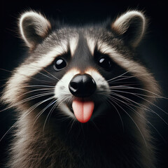 Funny Raccoon showing tongue, with black t-shirt, making a signal, high quality portrait, isolated black background.