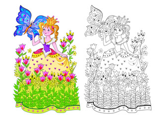 Colorful and black and white page for kids coloring book. Illustration of beautiful little princess playing in flower garden with a butterfly. Worksheet for children and adults. Flat cartoon vector. © nataljacernecka