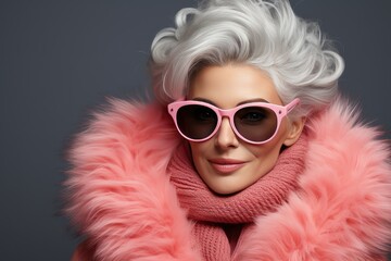 Stylish elderly woman in sunglasses and a pink fur coat on a gray plain background - Powered by Adobe