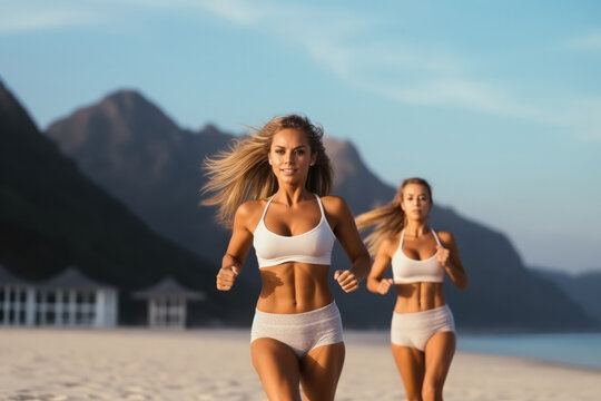 Two beautiful young women jogging together in the morning at the beach of ocean coastline during vacation. Sport healthy routine for adults. Active habits, sportswear of sportswomen