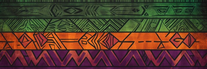 Green, orange, and violet seamless African pattern, tribal motifs grunge texture on textile background