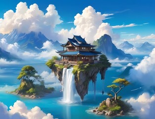 青空とRPGゲーム風オリエンタル天空の城と滝 - obrazy, fototapety, plakaty