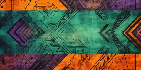 Green, orange, and violet seamless African pattern, tribal motifs grunge texture on textile background